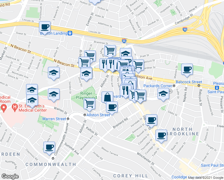 map of restaurants, bars, coffee shops, grocery stores, and more near 17 Radcliffe Road in Boston