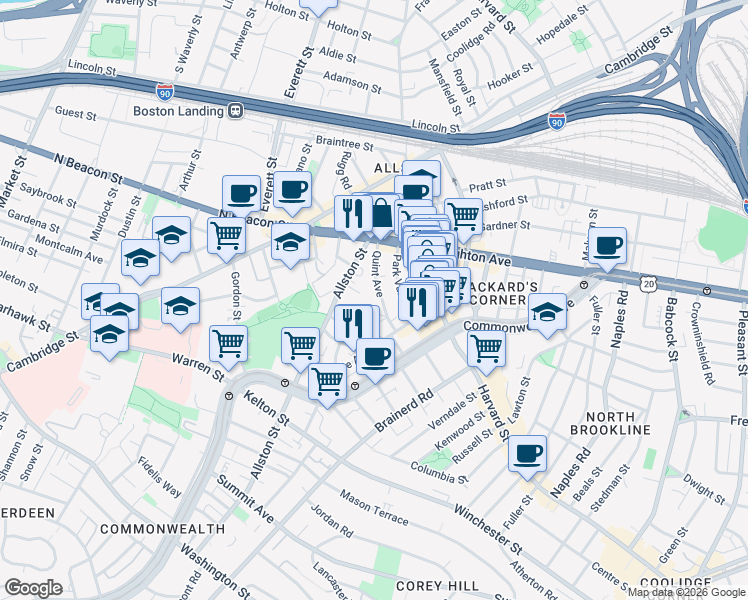 map of restaurants, bars, coffee shops, grocery stores, and more near 17 Radcliffe Road in Boston