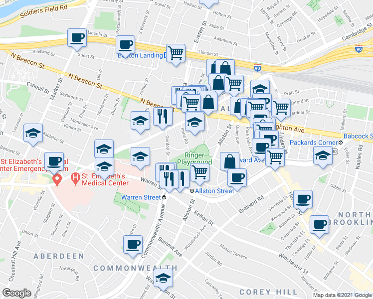 map of restaurants, bars, coffee shops, grocery stores, and more near 16 High Rock Way in Boston