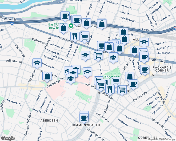 map of restaurants, bars, coffee shops, grocery stores, and more near 40B Ridgemont Street in Boston