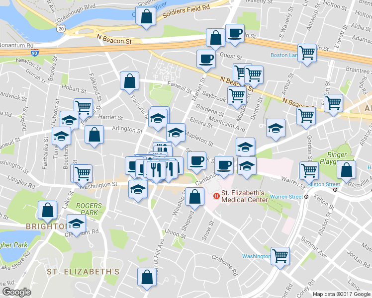 map of restaurants, bars, coffee shops, grocery stores, and more near 22 Sparhawk Street in Boston