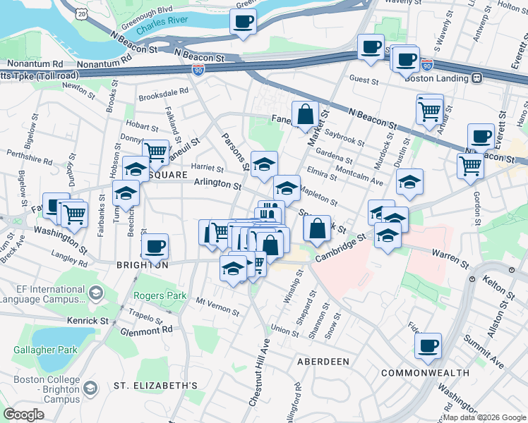 map of restaurants, bars, coffee shops, grocery stores, and more near 359 Market Street in Boston
