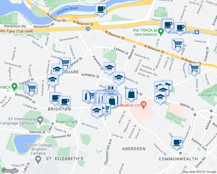 map of restaurants, bars, coffee shops, grocery stores, and more near 359 Market Street in Boston