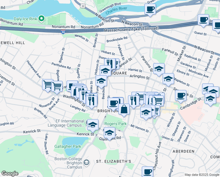 map of restaurants, bars, coffee shops, grocery stores, and more near 59 Brock Street in Boston