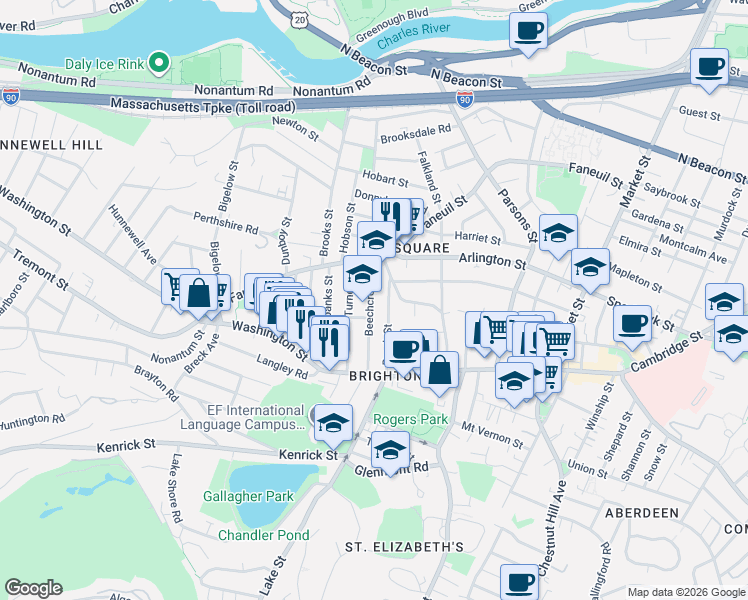 map of restaurants, bars, coffee shops, grocery stores, and more near 50 Beechcroft Street in Boston