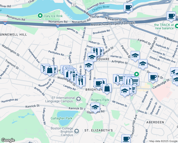 map of restaurants, bars, coffee shops, grocery stores, and more near 50 Beechcroft Street in Boston