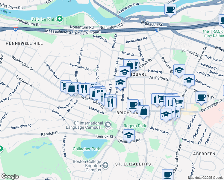 map of restaurants, bars, coffee shops, grocery stores, and more near 52 Fairbanks Street in Boston