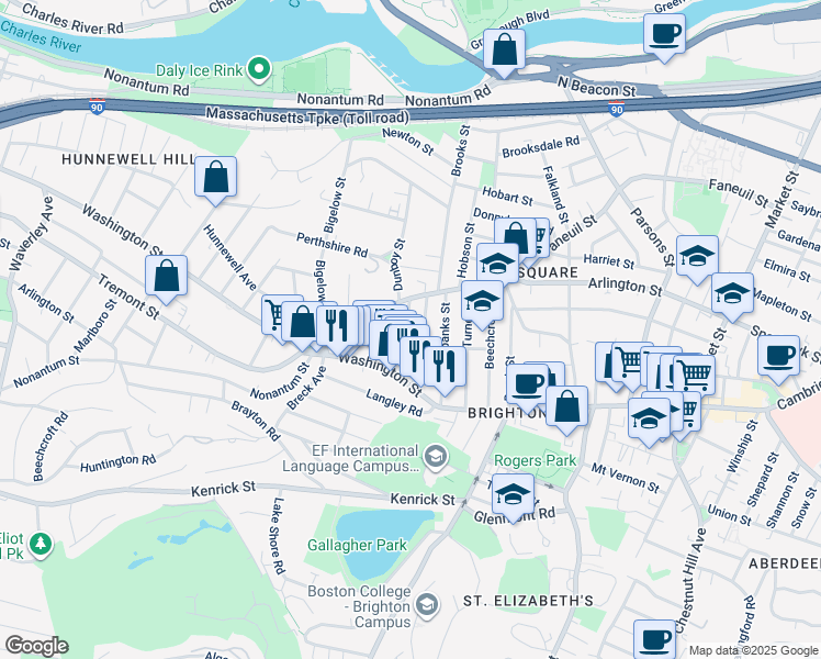 map of restaurants, bars, coffee shops, grocery stores, and more near 25-27 Montfern Avenue in Boston