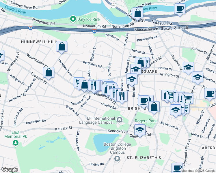 map of restaurants, bars, coffee shops, grocery stores, and more near 25-27 Montfern Avenue in Boston