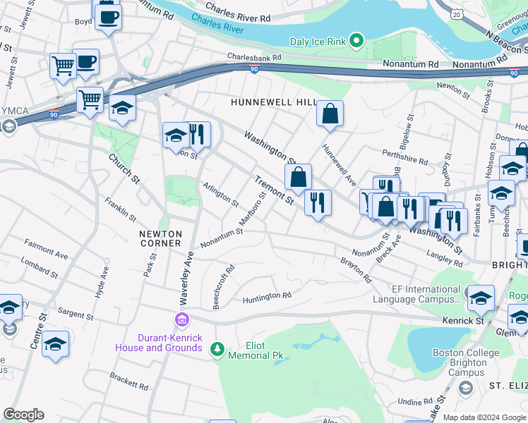 map of restaurants, bars, coffee shops, grocery stores, and more near 32 Arlington Street in Newton