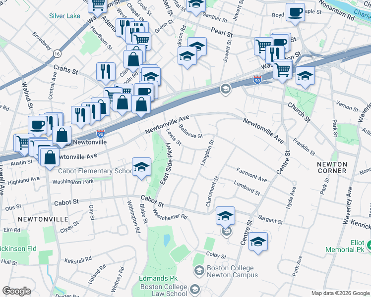 map of restaurants, bars, coffee shops, grocery stores, and more near 9 Princeton Street in Newton