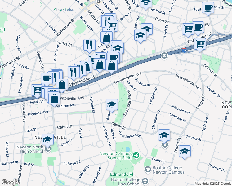 map of restaurants, bars, coffee shops, grocery stores, and more near 280 Newtonville Avenue in Newton