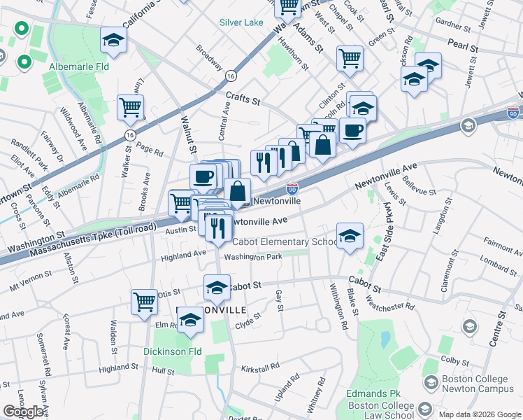 map of restaurants, bars, coffee shops, grocery stores, and more near 389 Newtonville Avenue in Newton