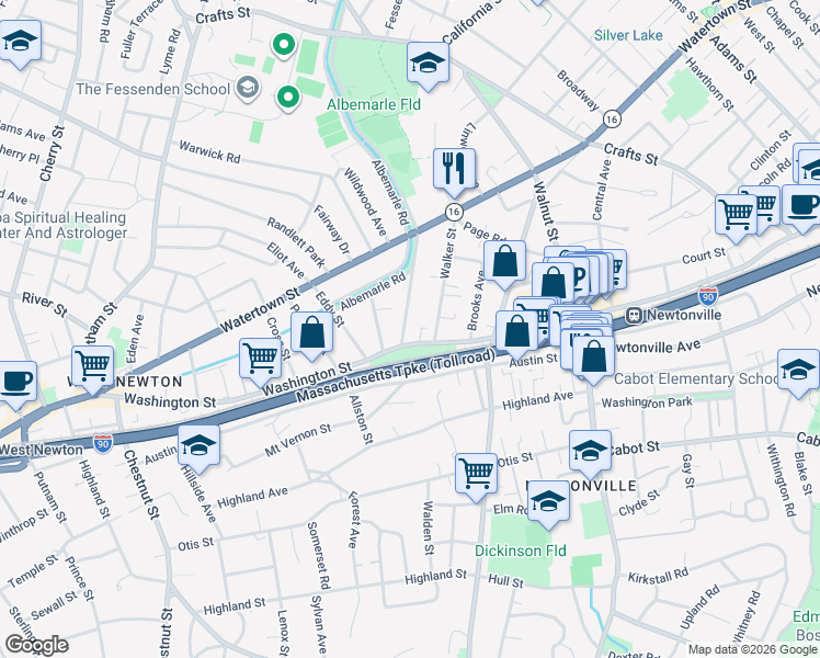 map of restaurants, bars, coffee shops, grocery stores, and more near 999 Washington Street in Newton