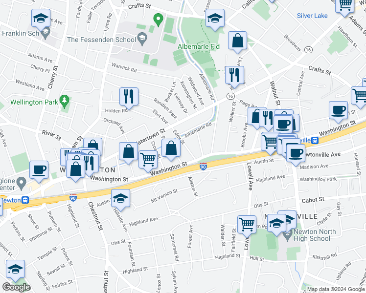 map of restaurants, bars, coffee shops, grocery stores, and more near 50 Parsons Street in Newton
