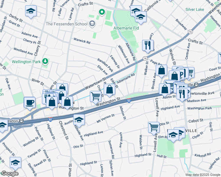 map of restaurants, bars, coffee shops, grocery stores, and more near 50 Parsons Street in Newton