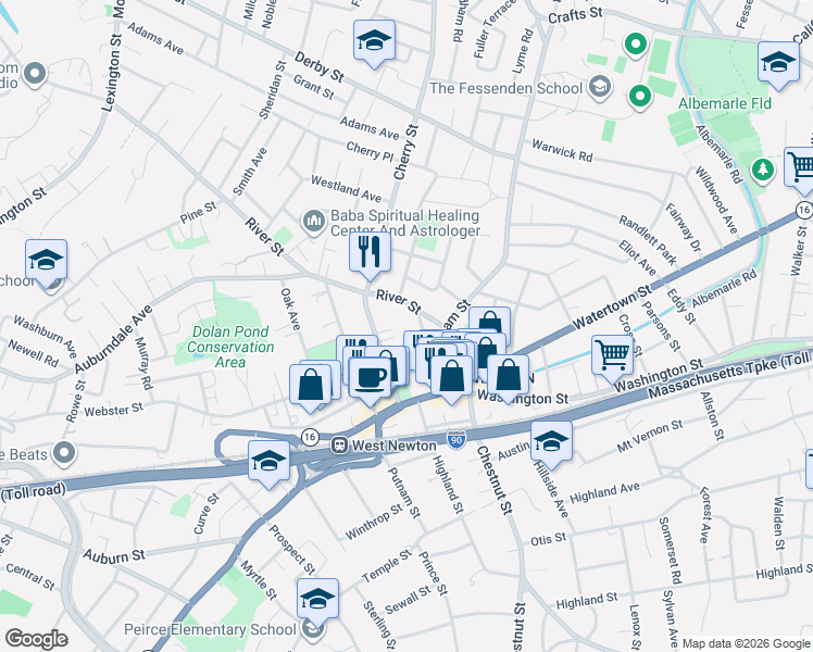 map of restaurants, bars, coffee shops, grocery stores, and more near 17 Warren Avenue in Newton