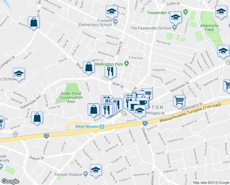 map of restaurants, bars, coffee shops, grocery stores, and more near 395 Cherry Street in Newton