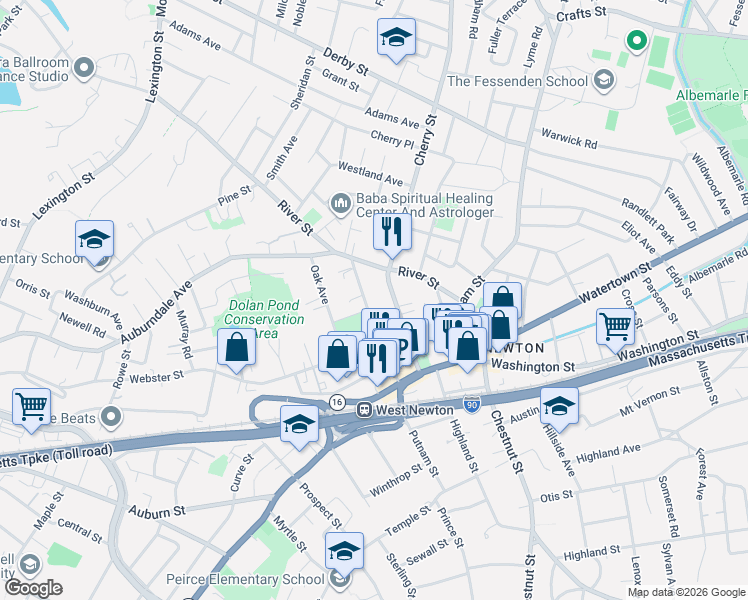 map of restaurants, bars, coffee shops, grocery stores, and more near 45 Elm Street in Newton