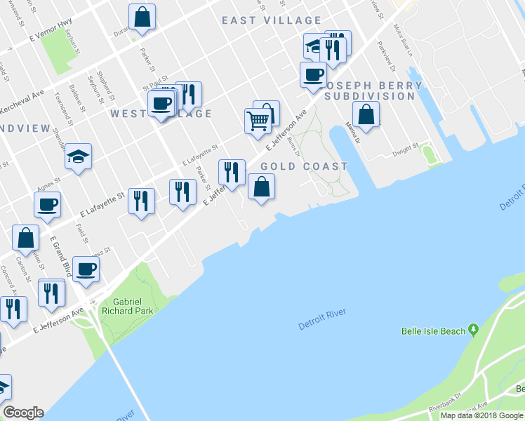 map of restaurants, bars, coffee shops, grocery stores, and more near 8330 East Jefferson Avenue in Detroit