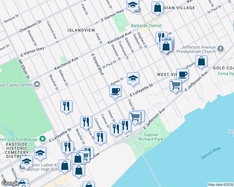map of restaurants, bars, coffee shops, grocery stores, and more near 238 East Grand Boulevard in Detroit