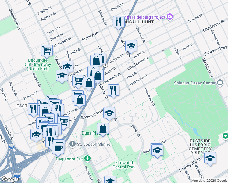 map of restaurants, bars, coffee shops, grocery stores, and more near 2662 Hendricks Street in Detroit