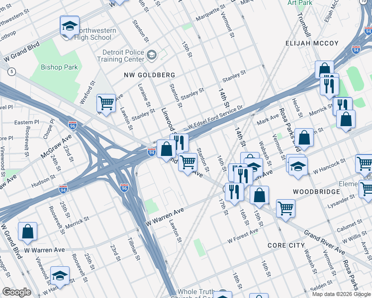 map of restaurants, bars, coffee shops, grocery stores, and more near 5236 Linwood Street in Detroit