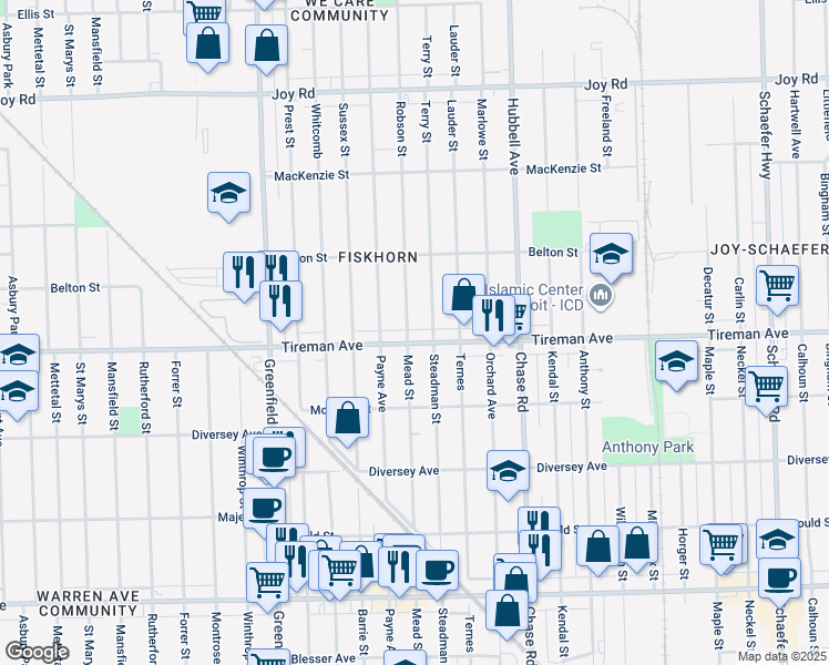map of restaurants, bars, coffee shops, grocery stores, and more near 15011 Tireman Avenue in Detroit