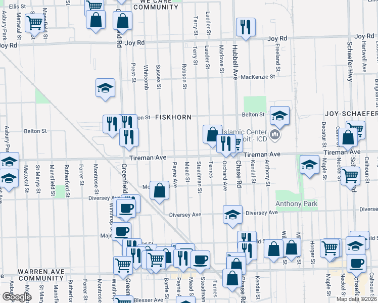 map of restaurants, bars, coffee shops, grocery stores, and more near 15011 Tireman Avenue in Detroit