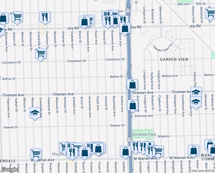 map of restaurants, bars, coffee shops, grocery stores, and more near 8043 Penrod Street in Detroit