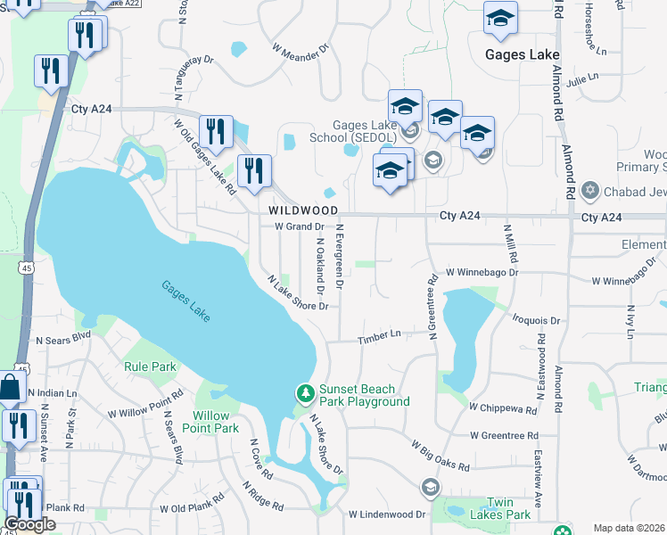 map of restaurants, bars, coffee shops, grocery stores, and more near 33601 North Evergreen Drive in Grayslake