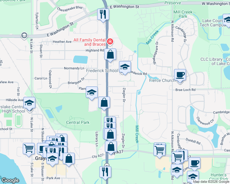 map of restaurants, bars, coffee shops, grocery stores, and more near 541 Quail Creek Drive in Grayslake
