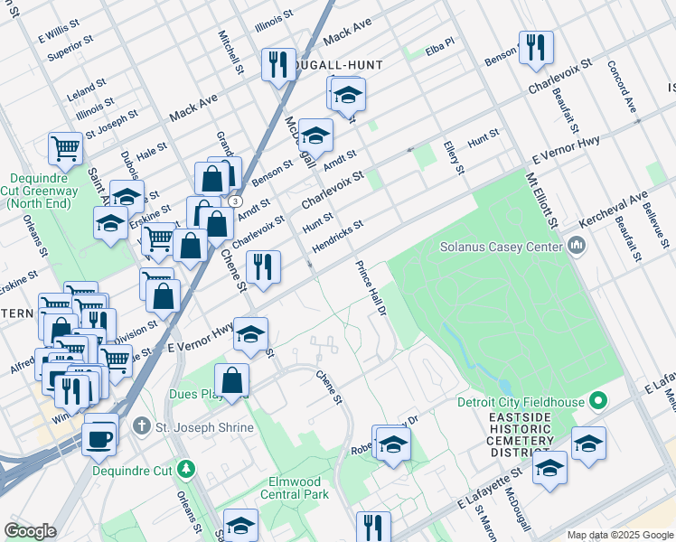 map of restaurants, bars, coffee shops, grocery stores, and more near 2920 East Vernor Highway in Detroit