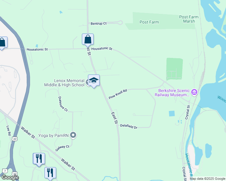 map of restaurants, bars, coffee shops, grocery stores, and more near 11 Pine Knoll Road in Lenox
