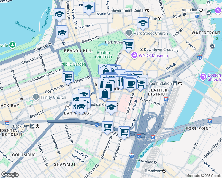 map of restaurants, bars, coffee shops, grocery stores, and more near 39 Stuart Street in Boston