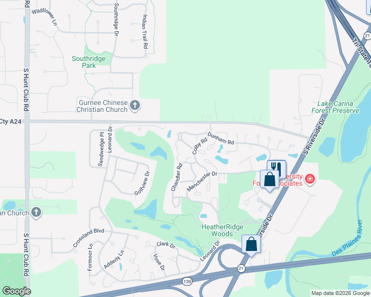 map of restaurants, bars, coffee shops, grocery stores, and more near 650 Whitney Court in Gurnee