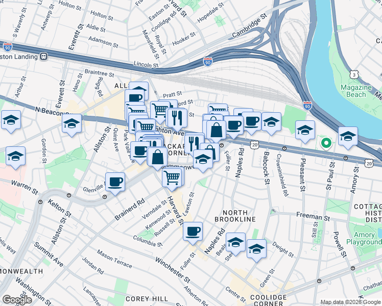 map of restaurants, bars, coffee shops, grocery stores, and more near 11 Chester Street in Boston