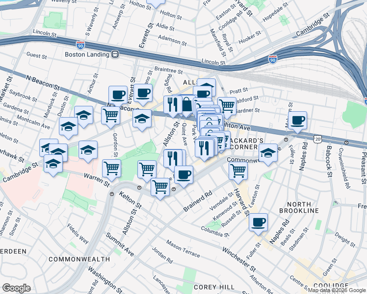 map of restaurants, bars, coffee shops, grocery stores, and more near 17 Radcliffe Road in Boston