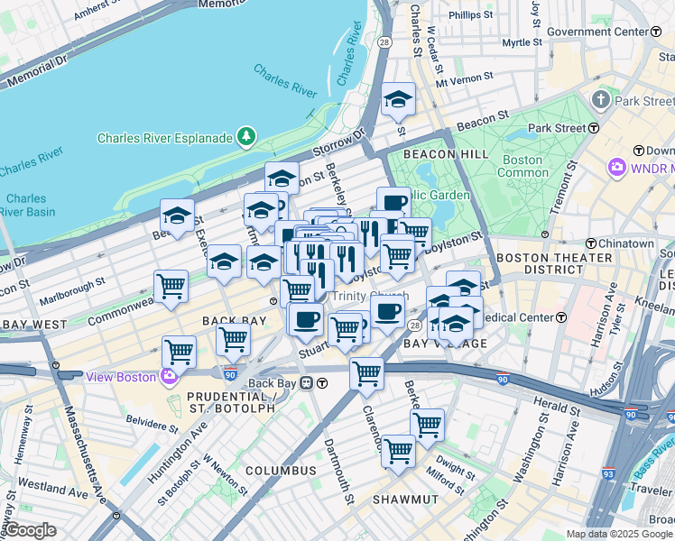map of restaurants, bars, coffee shops, grocery stores, and more near 501 Boylston Street in Boston