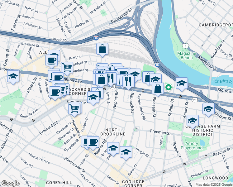 map of restaurants, bars, coffee shops, grocery stores, and more near 176 Naples Road in Brookline