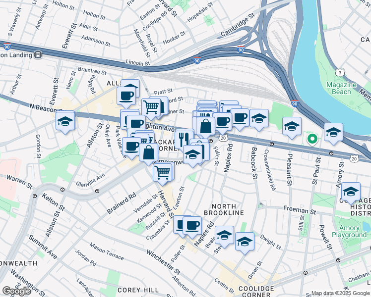 map of restaurants, bars, coffee shops, grocery stores, and more near 1131 Commonwealth Avenue in Boston