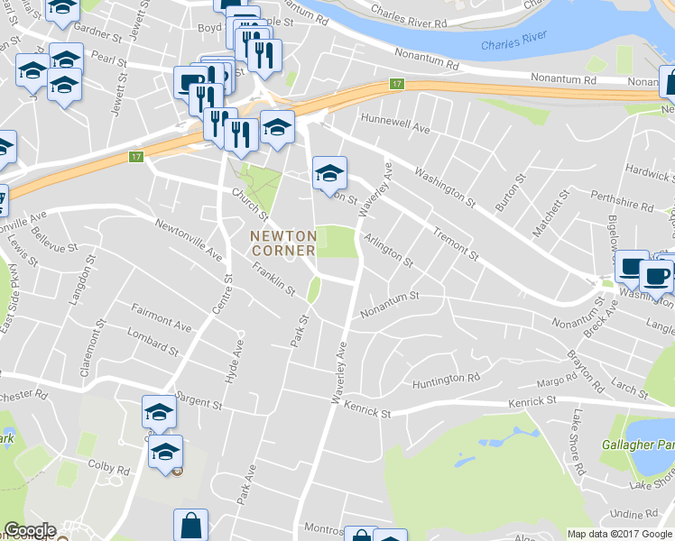 map of restaurants, bars, coffee shops, grocery stores, and more near 21 Church Street in Newton
