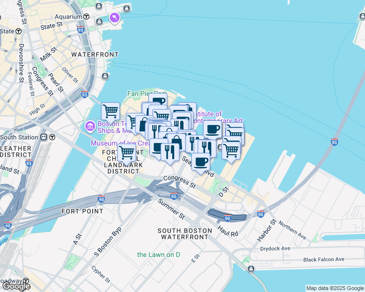 map of restaurants, bars, coffee shops, grocery stores, and more near 140 Northern Avenue in Boston