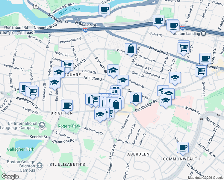 map of restaurants, bars, coffee shops, grocery stores, and more near 359 Market Street in Boston