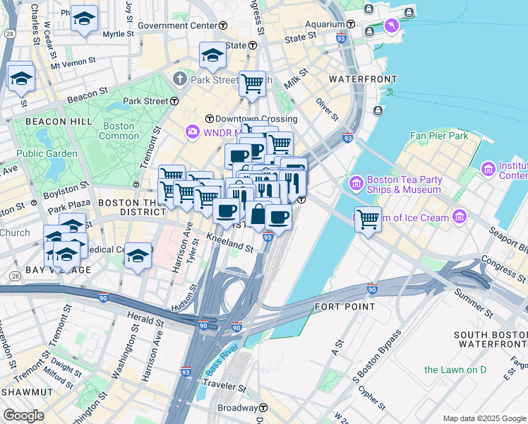 map of restaurants, bars, coffee shops, grocery stores, and more near 711 Atlantic Avenue in Boston