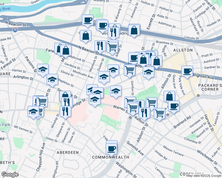 map of restaurants, bars, coffee shops, grocery stores, and more near 624 Cambridge Street in Boston