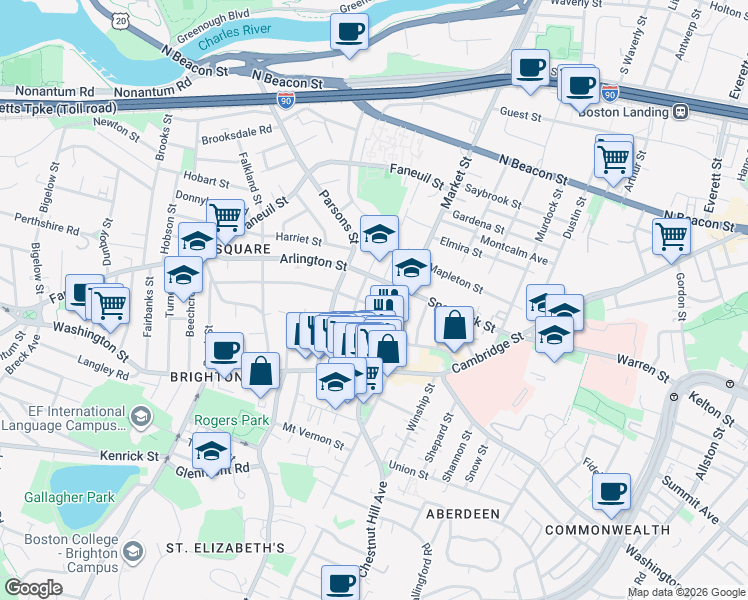 map of restaurants, bars, coffee shops, grocery stores, and more near 55 Leicester Street in Boston