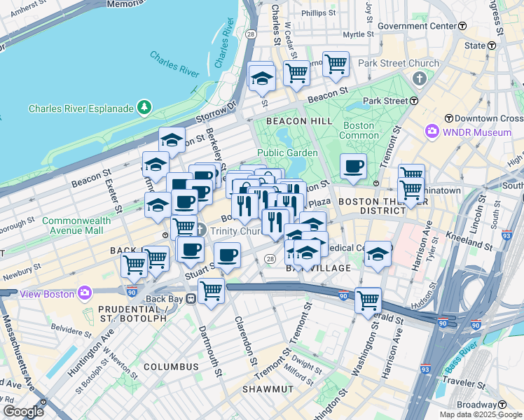 map of restaurants, bars, coffee shops, grocery stores, and more near 330 Boylston Street in Boston