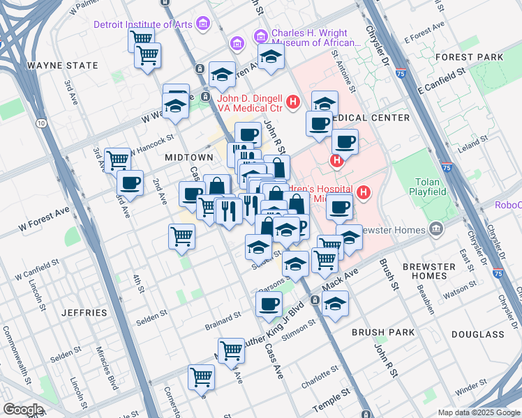 map of restaurants, bars, coffee shops, grocery stores, and more near 70 West Alexandrine Street in Detroit
