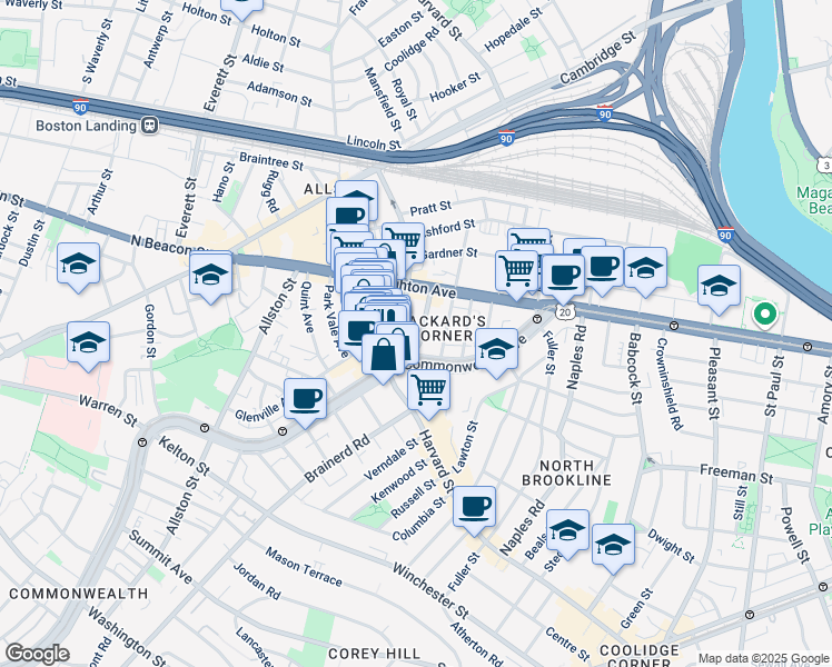 map of restaurants, bars, coffee shops, grocery stores, and more near 1197 Commonwealth Avenue in Boston